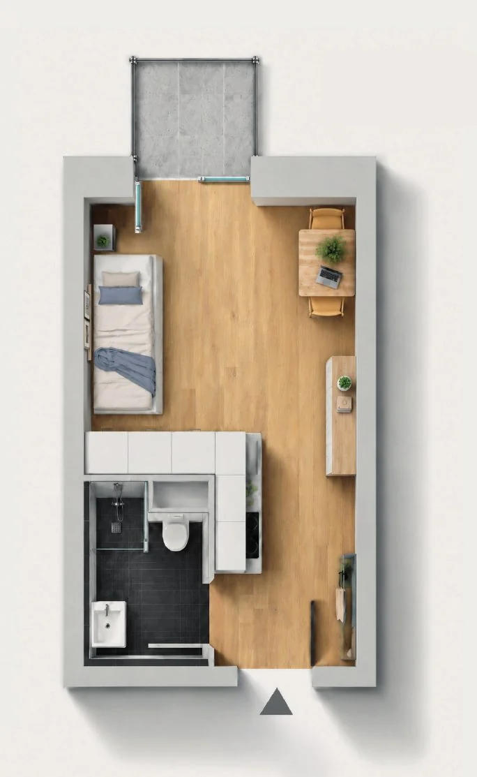 Beispielgrundriss eines kompakten Apartments mit Duschbad, Küchenzeile, Bett, Schreibtisch und Balkon